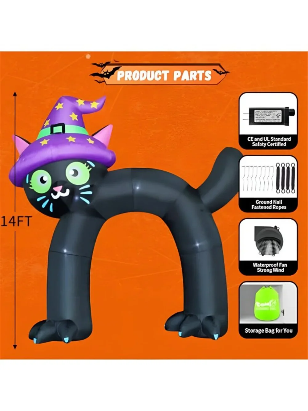 14FT Halloween Inflatables Outdoor Decorations Black Cat Arch Blow Up Yard